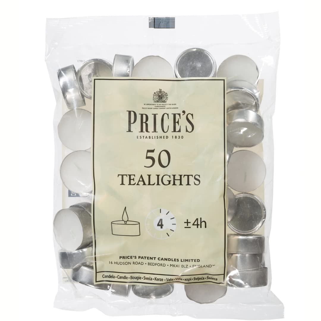 Prices Patent Candles White Tealights Bag, Pack of 50, Wax, l x 3.8cm w x 1.8cm 