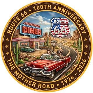 Route 66 Centennial Commemorative Coin,100th Anniversary 1926-2026 Mother Road 3D Engraved Souvenir Medallion Zinc Alloy Double-Sided Design Map Gift for Road Trip Lovers and Car Enthusiasts