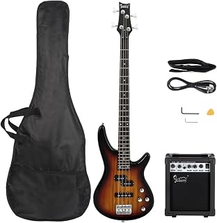 Bonnlo 4 String Full Size Electric Bass Guitar Beginner Kit with 20W Amp, Gig Bag, Strap, Pick and Cable, Sunset