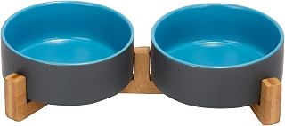 Ceramic Dog Cat Bowl with Wooden Stand, Non-Slip Matte Glaze Weighted Water Set for Cats and Small Dogs, 13 oz