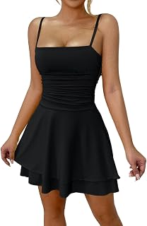 Women Sexy Spaghetti Strap Tank Dress Basic Casual Backless A-line Club Party Mini Skater Dress