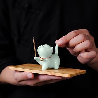 Cute Chinese Cat Ceramic Incense Burner Holder with Bell Home Office Yoga Meditation Decor