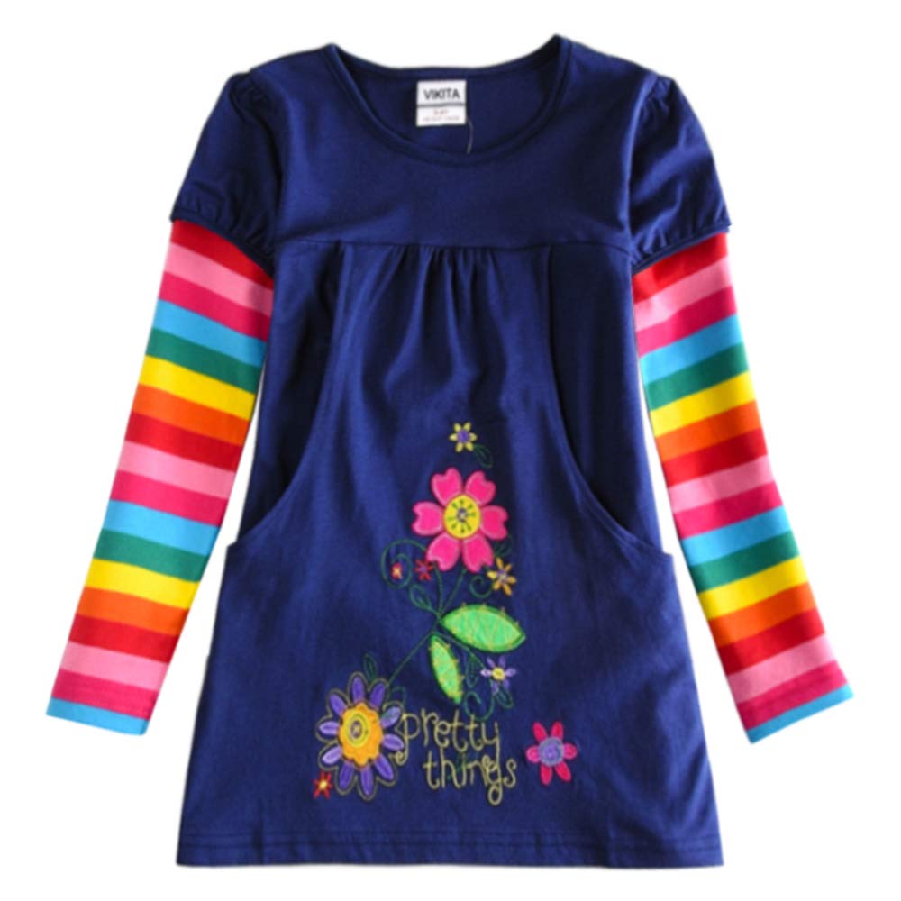VIKITA Girls and Girls Long Sleeve Striped Cotton T-Shirt Dress, Sh7371
