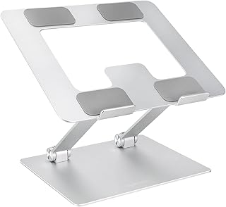 Amazon Basics Sturdy and Portable Ergonomic Laptop Stand for Desk, Height Adjustable Riser with Ventilated Cooling, Foldable, Fits all Laptops up to 15.6 Inch, Silver