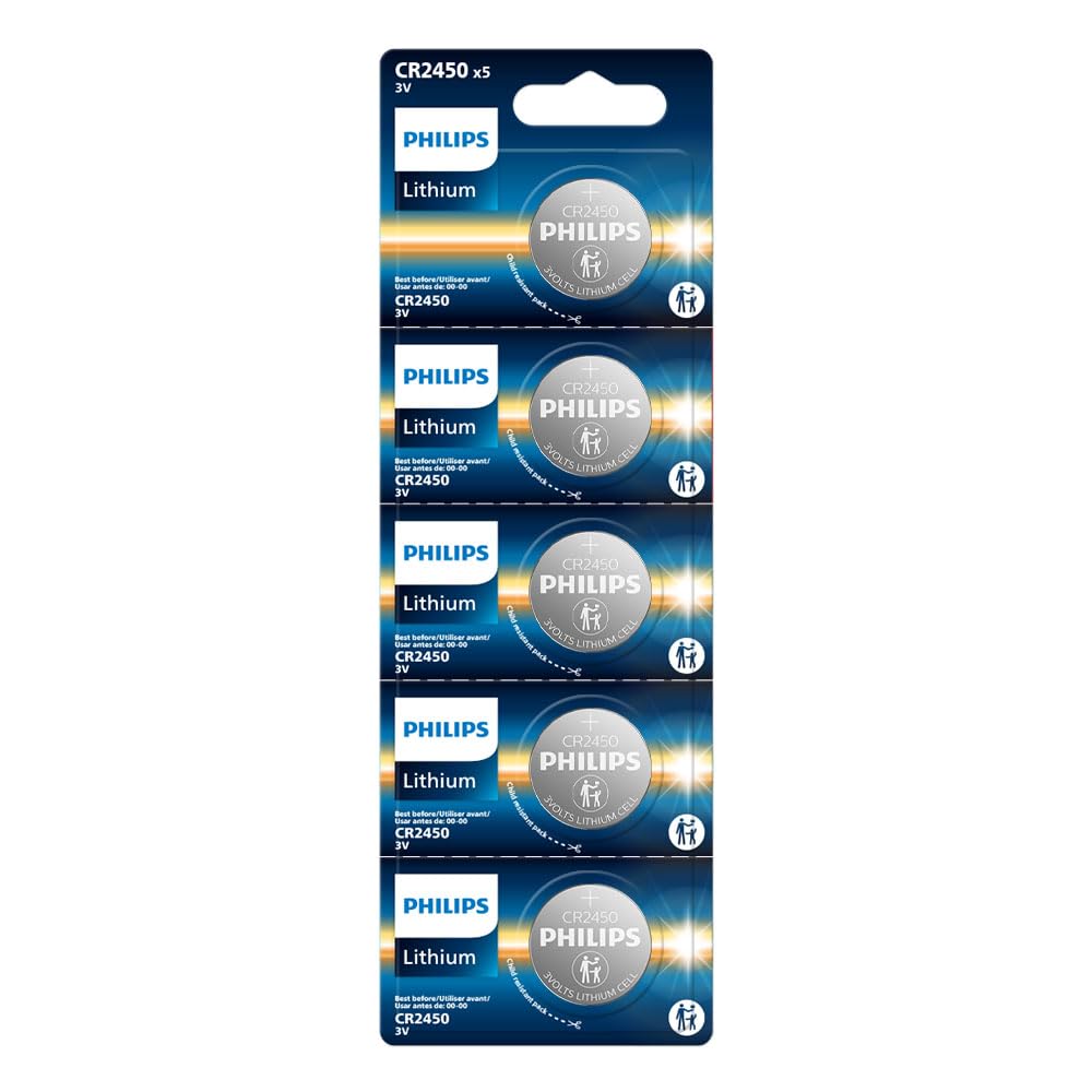 PHILIPS CR2450 Battery, [5-Pack] cr2450 3v Lithium Coin Cell Batteries, Long-Las