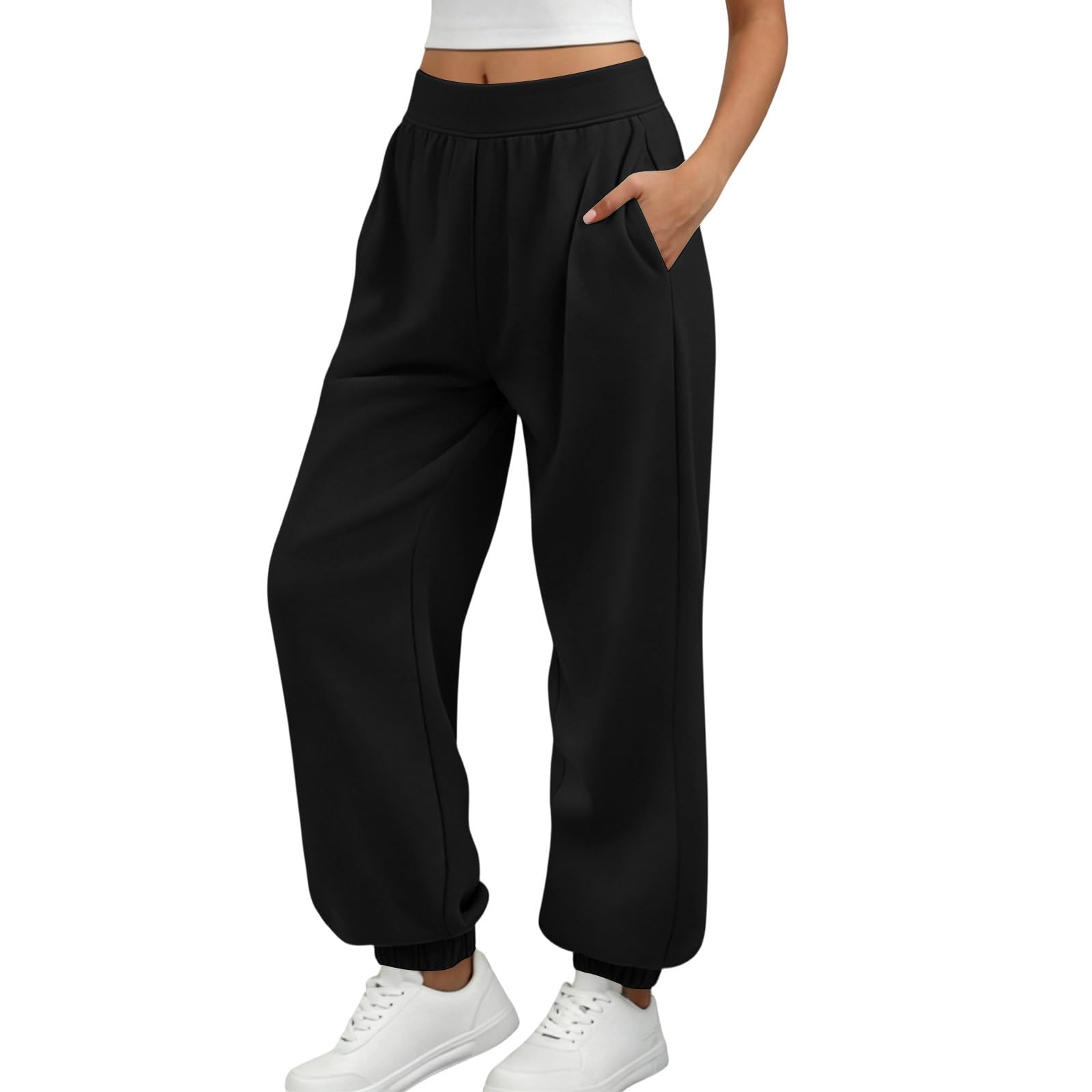 Womens High Waist Elastic Jogger Sweatpants Pull-On Sweat Bottoms with Pockets L