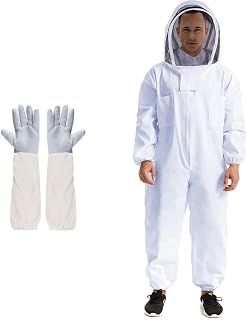 Beekeeping Suit Protective Equipment Bee Keeping Full Body Cloth with Veil Hood Total Protection Professional for Women Men, Beekeeper Costume and Beginner Sheepskin Gloves