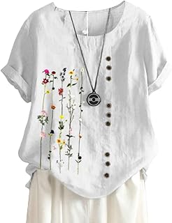 ORANDESIGNE Linen Shirt Short Sleeve Women Casual Vintage Tops Blouse T-Shirts Short Sleeve Crew Neck Tunic Tops Shirt Loose Plus Size T Shirt