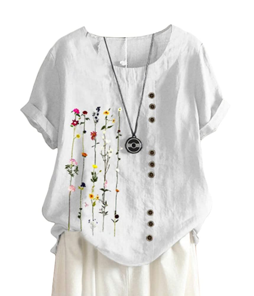 ORANDESIGNE Linen Shirt Short Sleeve Women Casual Vintage Tops Blouse T-Shirts S