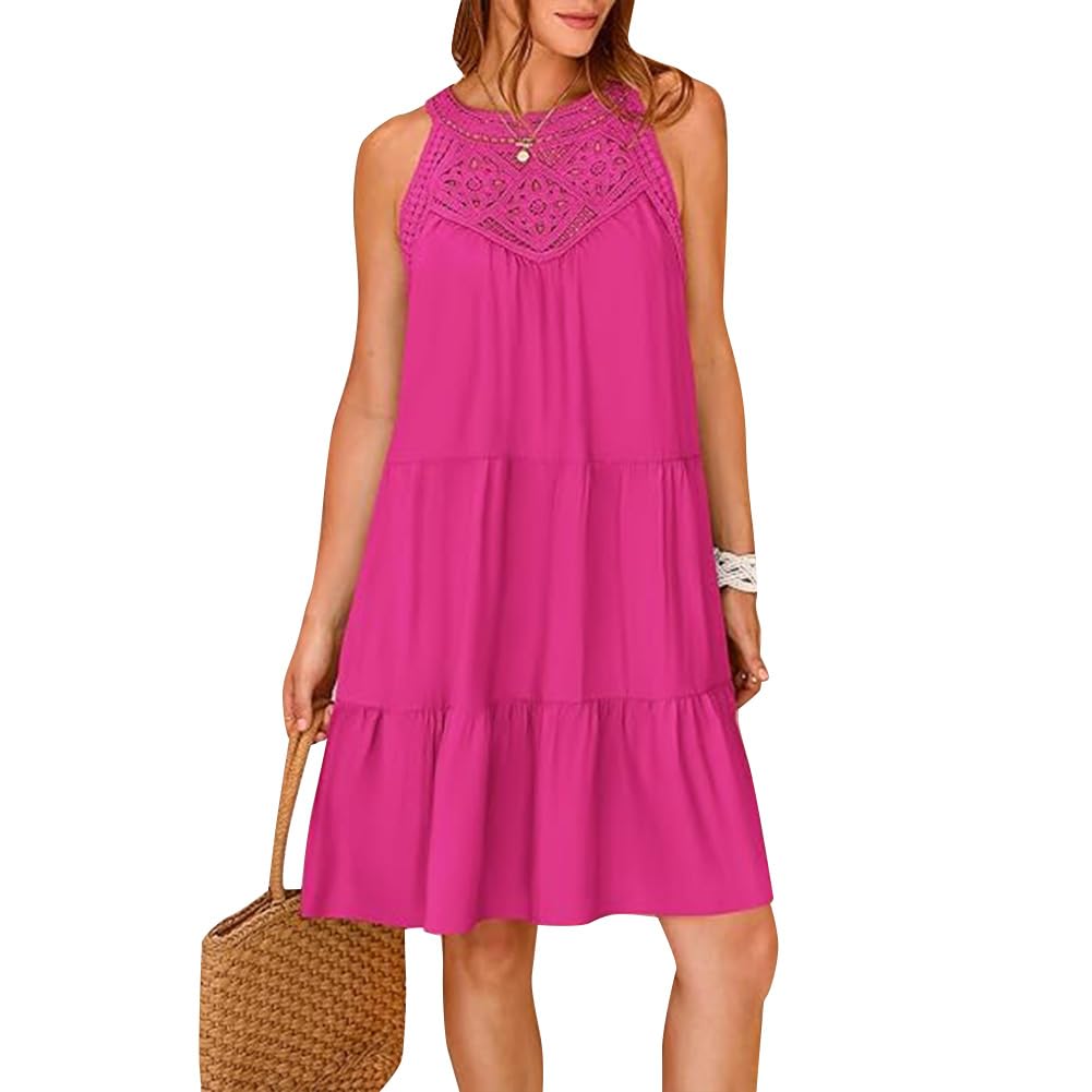Odizli Women's Summer Dress Sleeveless Halter Neck Lace Boho A-Line Knee Length 