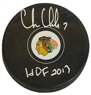 Chris Chelios Signed Blackhawks Logo Hockey Puck With Hof 2013