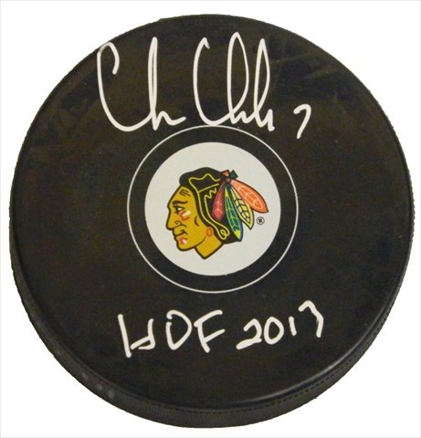 Chris Chelios Signed Blackhawks Logo Hockey Puck With Hof 2013