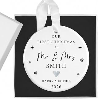 Personalised First Christmas as Mr and Mrs Bauble with Gift Box, Custom 1st Christmas Married Ornament, 1st Xmas Newlywed Christmas Ornament, 1st Xmas Married, Just Married (Round)