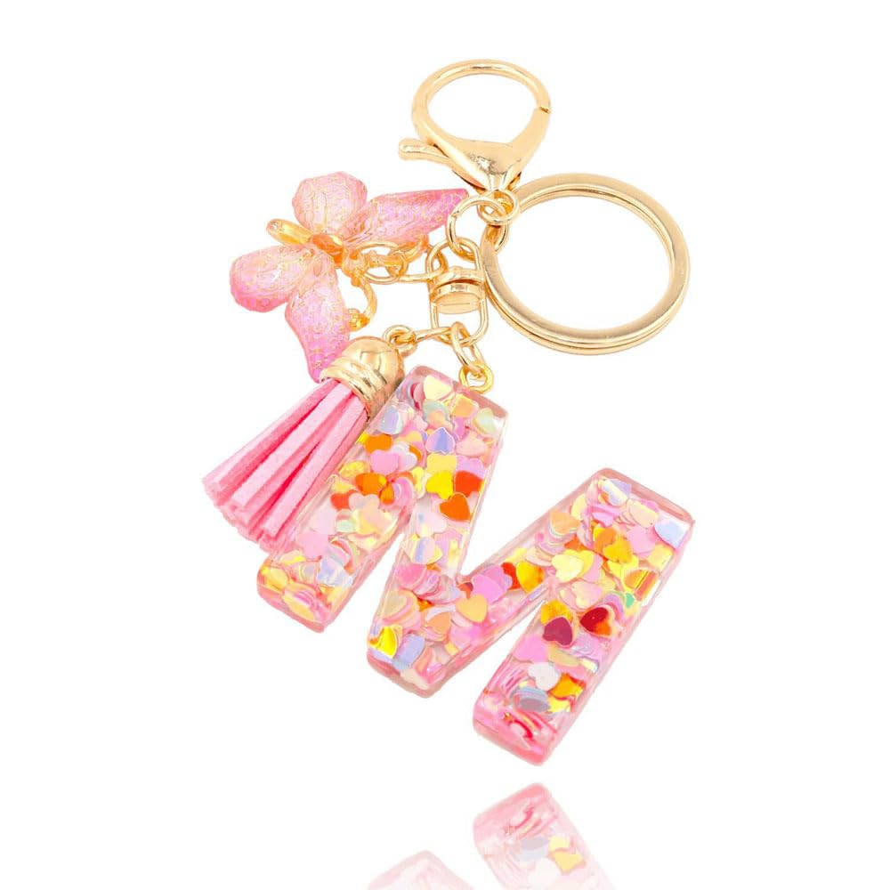 Fashion Initial Letter Keychain Tassel Cute Butterfly Pink Alphabet Pendant Keyc