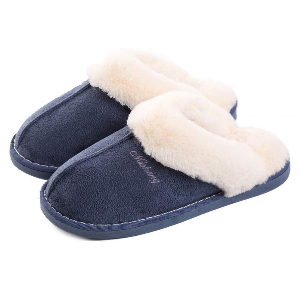 Misolin Women's and Men's Slippers Winter Warm Faux Fur Slippers Soft Flat Plush