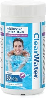 Clearwater 4-in-1 Chlorine Tablets for Hot Tub, Spa & Pool, 1kg 50 x 20g | Multifunction Sanitiser, Stabiliser, Algaecide, Clarifier, 3-5 Day Slow Release, Floating Dispenser or Feeder Use