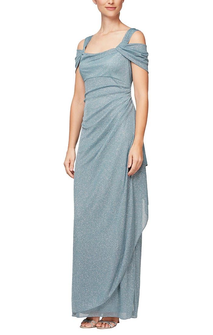 Alex Evenings Long Glitter Mesh Cold Shoulder Dress