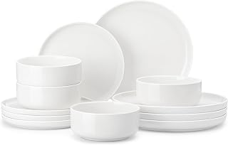 MALACASA Plates and Bowls Sets, 12 Pieces Porcelain Dinnerware Sets Dishware Sets Chip Resistant Ceramic Dish Set Dining Dinner Ware Service for 4, White, Series Luna