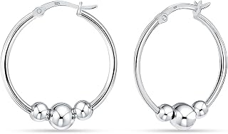 LeCalla 925 Sterling Silver Bead Ball Hoop Earrings | Classic Sleeper Drop Beaded Earrings | Click-Top Cape Style Hoop Earrings for Women | Lightweight Hypoallergenic Hoops Jewelry Gifts