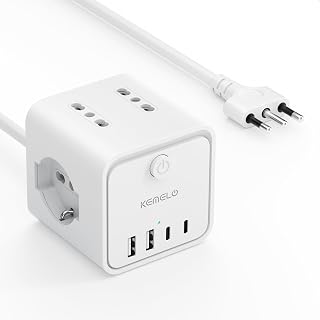 Electric Power Strip with 4 Universal Sockets 10/16A ITA and Schuko, 2 M Electrical Extension Cable with 2 USB A+2 USB C, Multiple Plug Flat Space-Saving with Switches for Home, Office, Black
