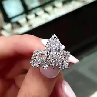 Women's Brass Cubic Zirconia Ring Set Bright Water-drop Shaped CZ Stones for Wedding