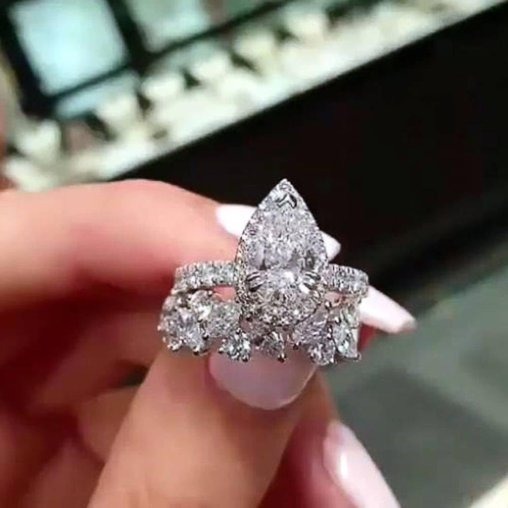 Women's Brass Cubic Zirconia Ring Set Bright Water-drop Shaped CZ Stones for Wed
