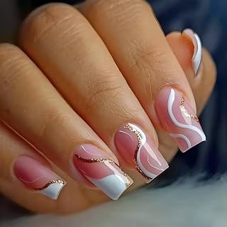 24pcs French Tip Press Nails-Medium Square Fake Nails Gold Glitter & White Line Design Fake Nails Full Coverage Shiny Nude Sticks for Nails Women Girls Acrylic Manicure Salon DIY