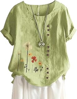 ORANDESIGNE Linen Shirt Short Sleeve Women Casual Vintage Tops Blouse T-Shirts Short Sleeve Crew Neck Tunic Tops Shirt Loose Plus Size T Shirt