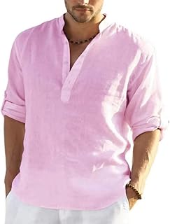 PADOLA Men's Shirts Linen T-Shirt Loose Long Sleeve Casual Top Solid Color Summer Shirt Regular Fit Breathable Henley Shirts Casual