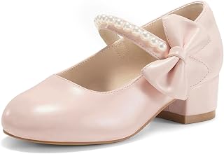 Haloumoning Girls Mary Jane Dress Shoes Pearl Strap Bow Princess Low Heel
