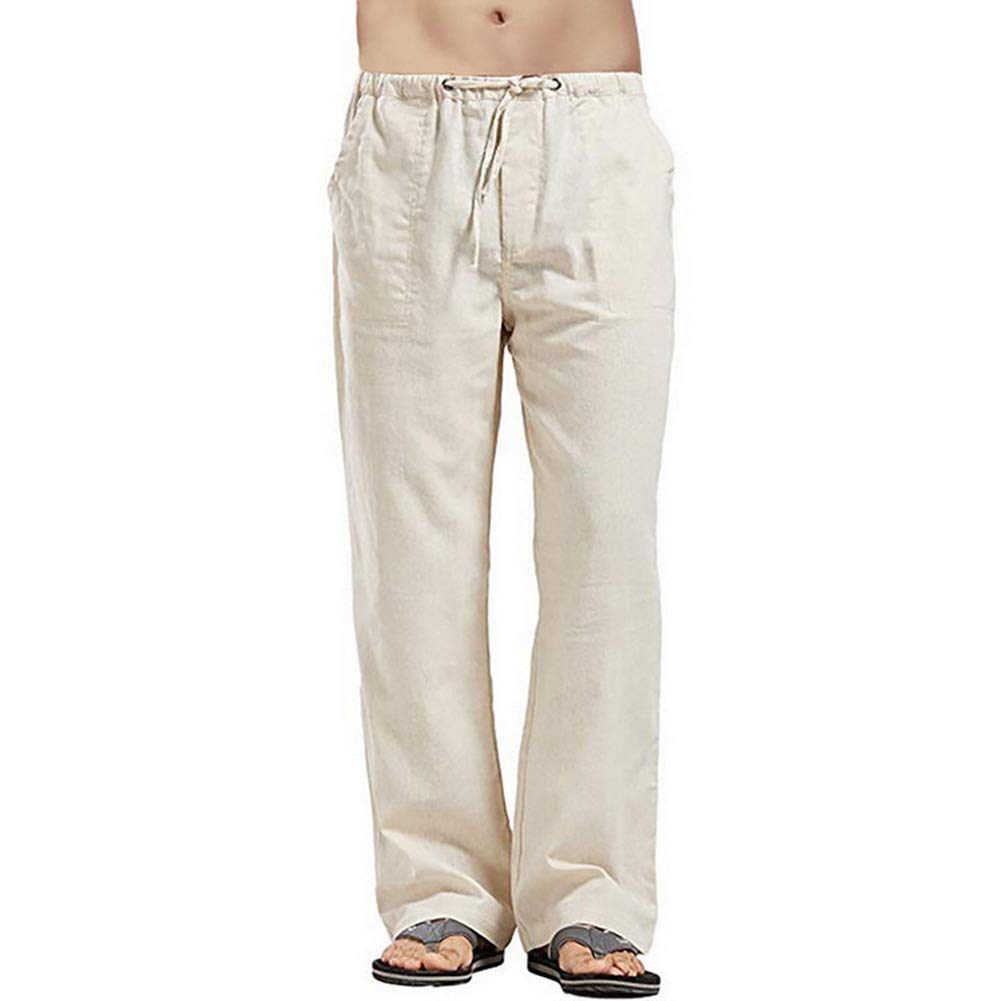 VANVENE Men's Linen Trousers Casual Loose Fit Elastic Waist Drawstring Straight 