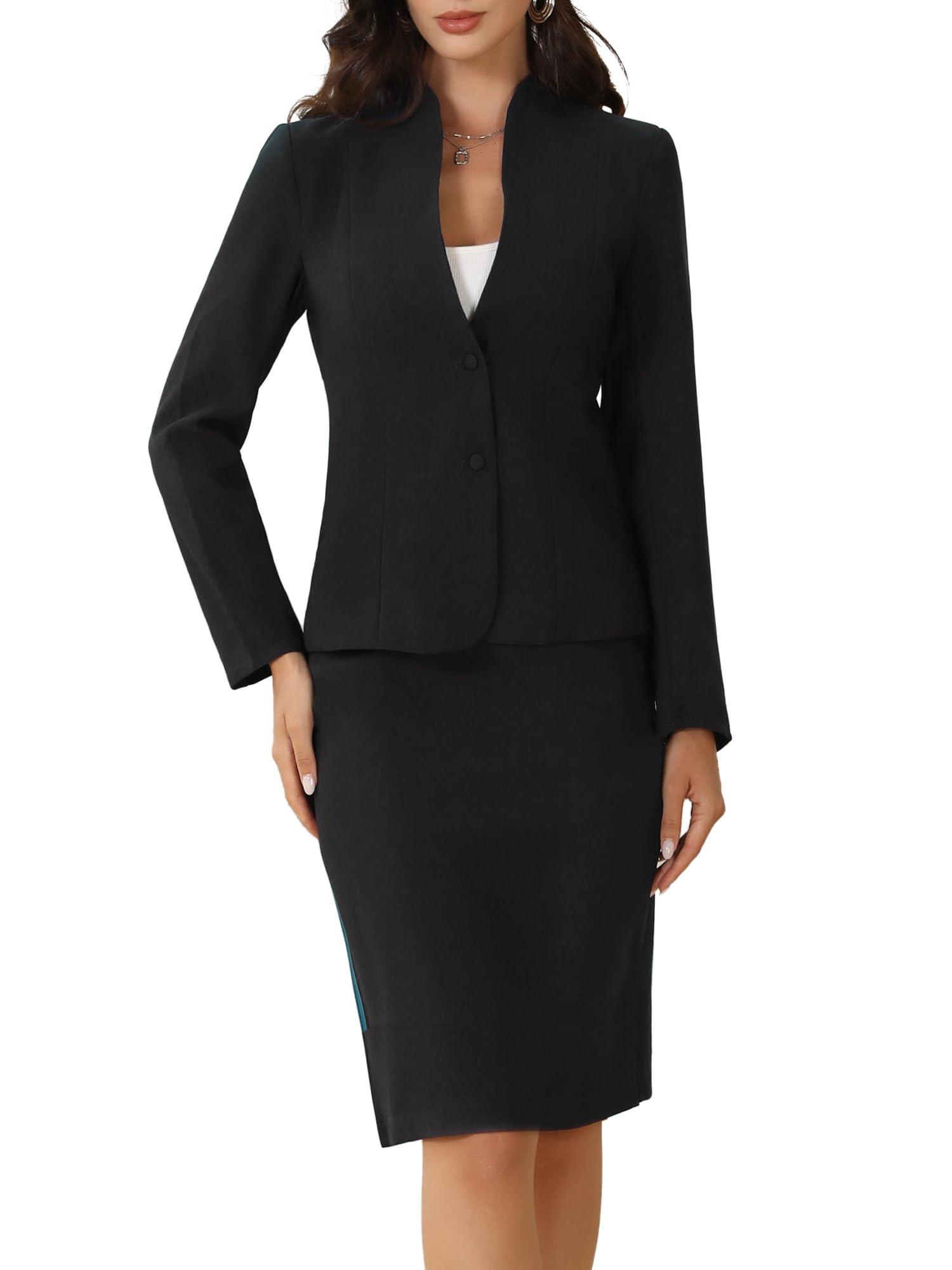 Allegra K 2 Piece Skirt Set for Women Business Office Outfits Collarless Blazer 