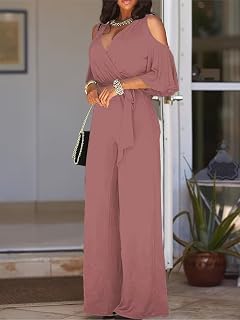 Ladies Elegant V Neck 3/4 Bell Sleeve Tie Belt Solid Color Loose Wide Leg Jumpsuit