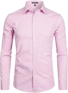 PARKLEES mens long sleeve dress shirt plain slim fit casual business formal button down shirt with pocket