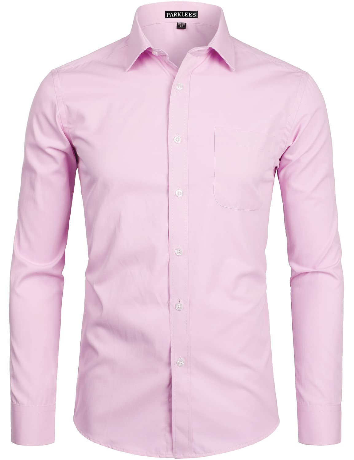 PARKLEES Men's Long Sleeve Slim Fit Casual Business Wedding Shirt with Chest Poc