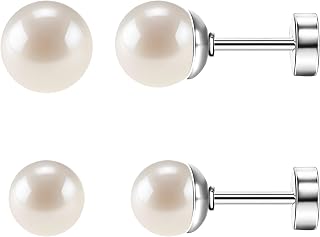 2 Pairs Flat Back Stud Earrings for Women with Pearl or Cubic Zirconia | 20G Screw Back Earrings for Nap Sleep, Surgical Steel Pearl & Titanium Earrings, Cartilage Studs for Girls, 3mm+5mm, 4mm+6mm