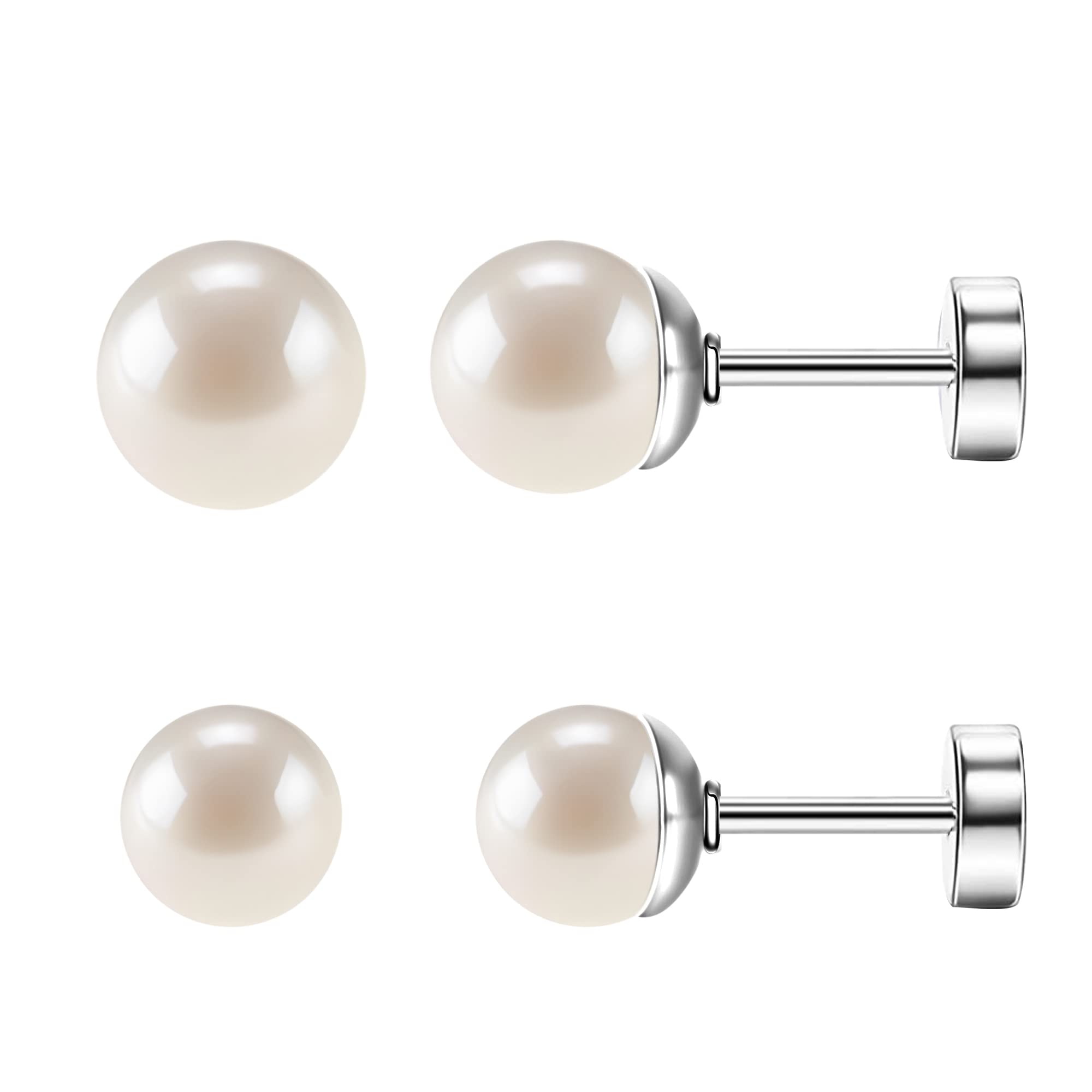 2 Pairs Flat Back Stud Earrings for Women with Pearl or Cubic Zirconia | 20G Scr