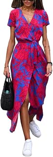 ORANDESIGNE Women's Summer Dress Casual V-Neck Long Dress Elegant Short Sleeve Boho Floral Printed Midi Dress Holiday Beach Casual Dresses with Belt