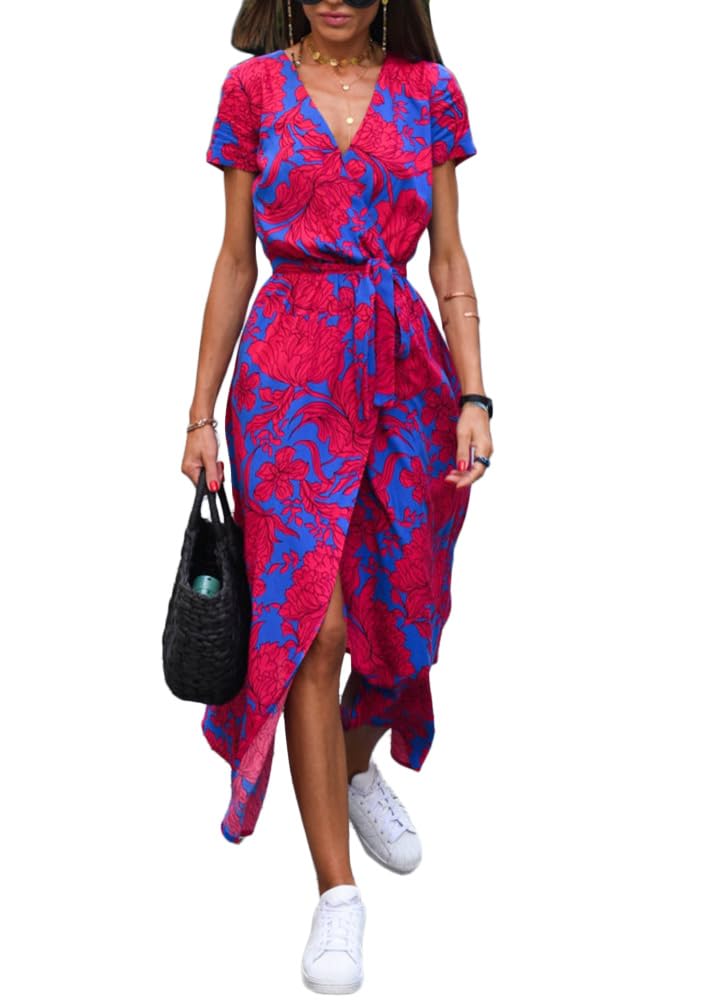 ORANDESIGNE Women's Summer Dress Casual V-Neck Long Dress Elegant Short Sleeve B