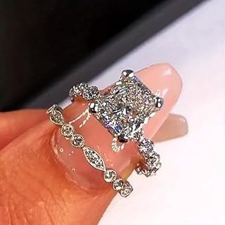 2pcs/set White Golden Plated Copper with Elegant Square Cubic Zirconia Engagement Ring Set Wedding Bridal Band Promise Rings Evening Parties Anniversary Valentine's Day Gifts Eternity Bands for Women