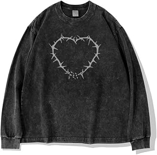 Mens Y2K Oversized Long Sleeve Tee Shirts Unisex Vintage Acid Washed Tee Casual Streetwear Tops