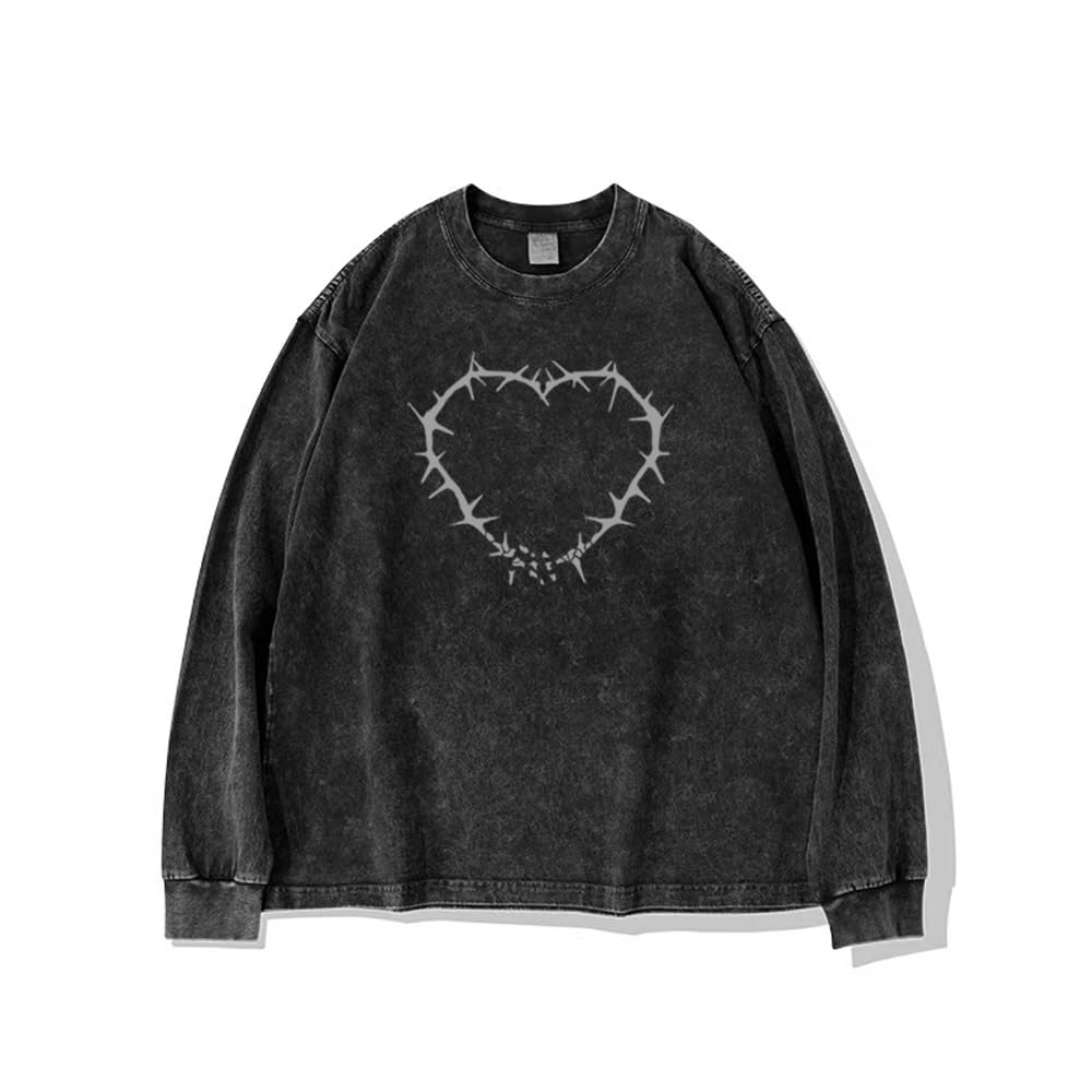 Mens Y2K Oversized Long Sleeve Tee Shirts Unisex Vintage Acid Washed Tee Casual 