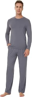 NACHILA Men's Bamboo Pyjama Set Soft Crew Neck Sleepwear Long Sleeve Pjs Long Pyjama Bottoms with Pockets S-XL