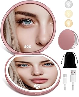 Magnifying Mirror, Rechargeable Compact Makeup Mirror with Light 40X Rose | 3 Lighting Modes & Dimmable Brightness, Essentials for Travel, Pocket, Purse, Handheld, Small, Tweezers, Travel Pouch 750mAh