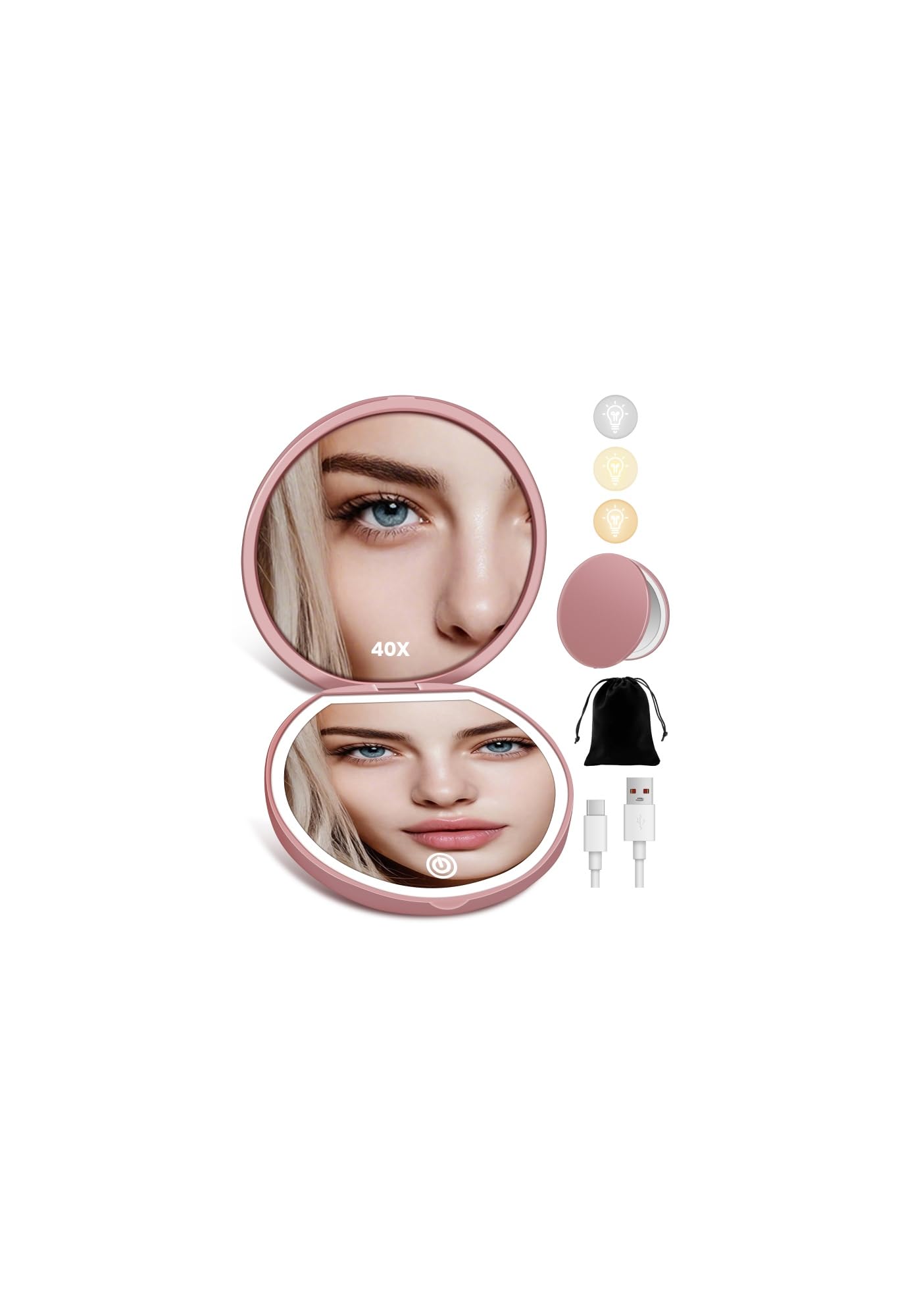 Magnifying Mirror, Rechargeable Compact Makeup Mirror with Light 40X Rose | 3 Li