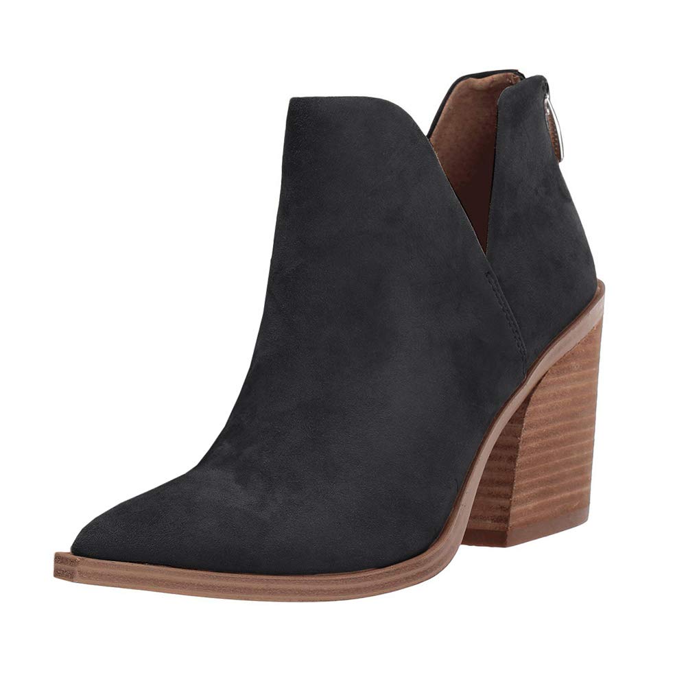 FISACE Women's Almond Toe Low Heel Western Ankle Boots Faux Leather Side Zipper 