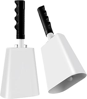Defabee 10 Inch Cow Bell with Handle, 2 Pack Cheering Cowbells for Sport | Loud Noise Makers, Chimes, Football Games, Party, School, Farm, Percussion Musical Instruments, Metal, White, Large