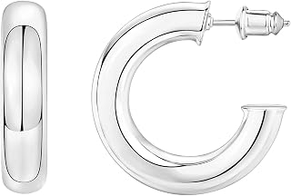 PAVOI 14K Gold Plated 6.5mm Chunky Open Hoop Earrings for Women, White Gold