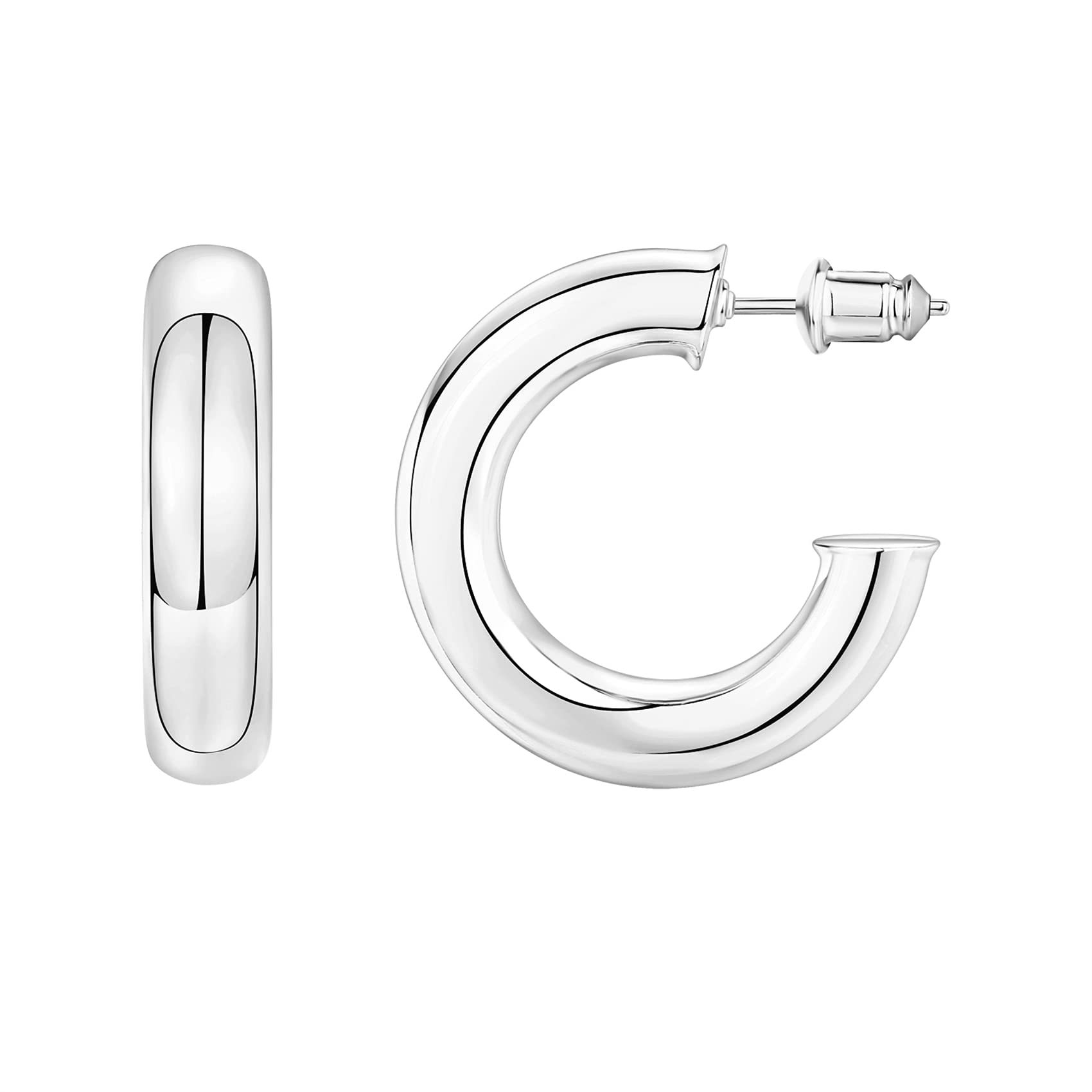 PAVOI 14K Gold Plated 6.5mm Chunky Open Hoop Earrings for Women, White Gold