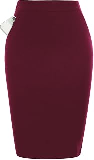 Kate Kasin Women's Pencil Skirt Knee Length Elastic Waist Stretch Check